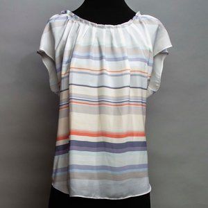 LC Pleated Scoop Neck Top White Colorful Strips Size XL